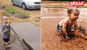 18-month-old boy dances joyfully in rain for the first time after months of drought